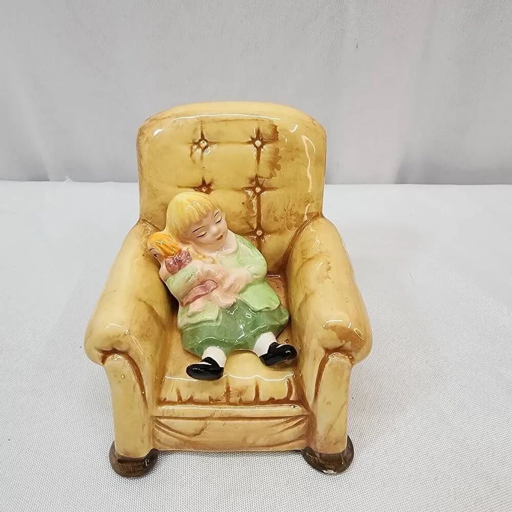 Department 56 Little Girl w Doll Sleeping On Chair 3.5” Ceramic Figurine Japan